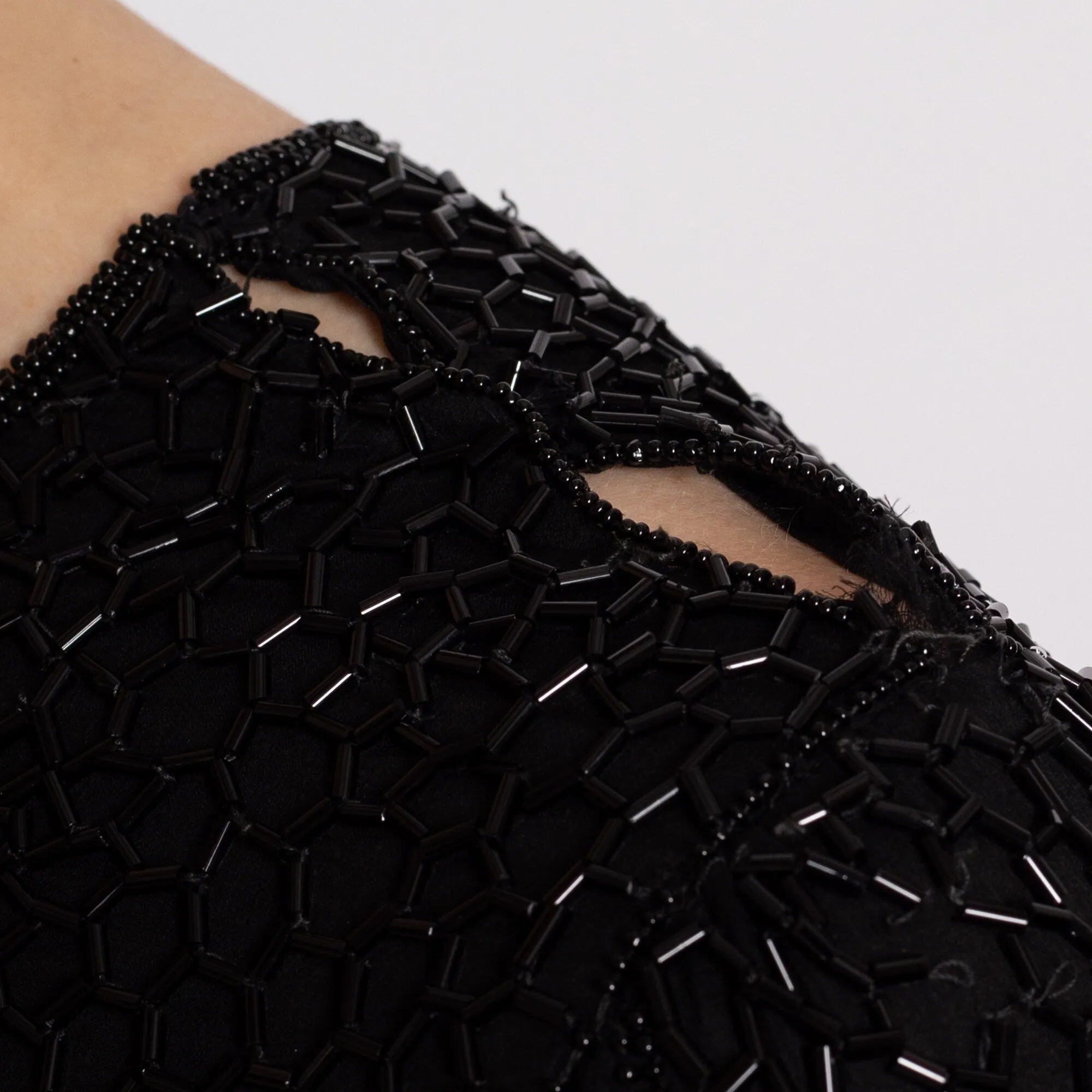 80s Does 20s Black Silk Beaded Flapper Dress, As Is - Small