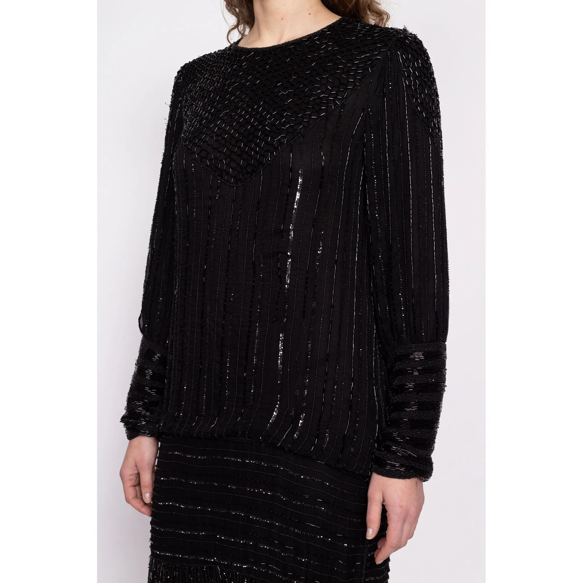 80s Does 20s Black Silk Beaded Flapper Dress, As Is - Small