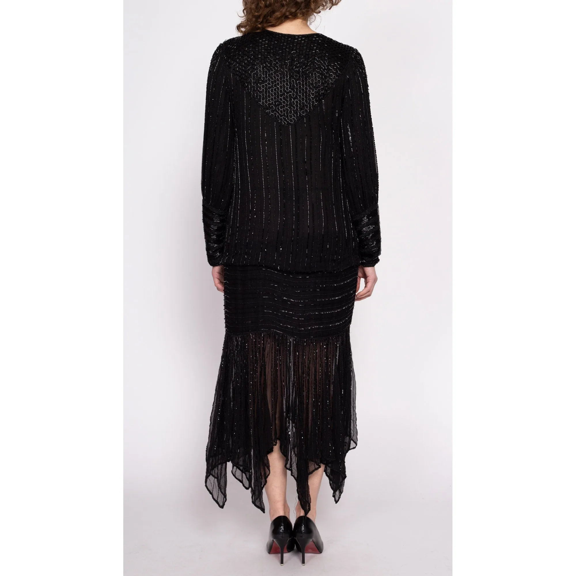 80s Does 20s Black Silk Beaded Flapper Dress, As Is - Small
