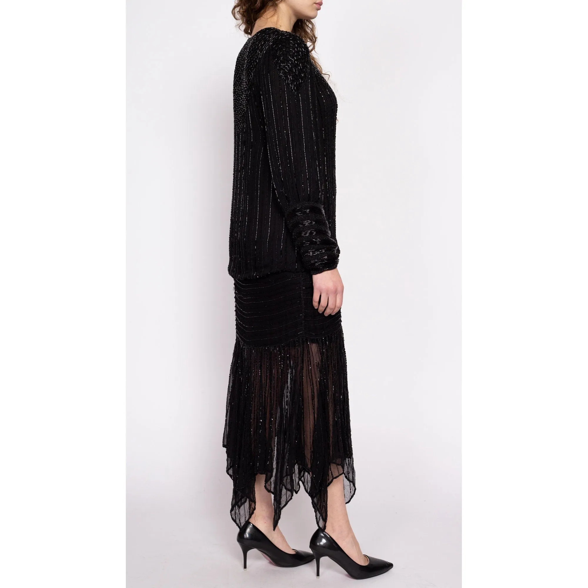 80s Does 20s Black Silk Beaded Flapper Dress, As Is - Small