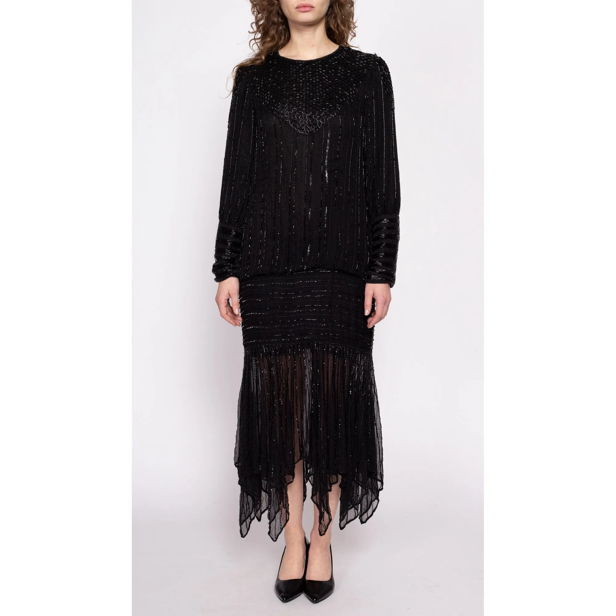 80s Does 20s Black Silk Beaded Flapper Dress, As Is - Small