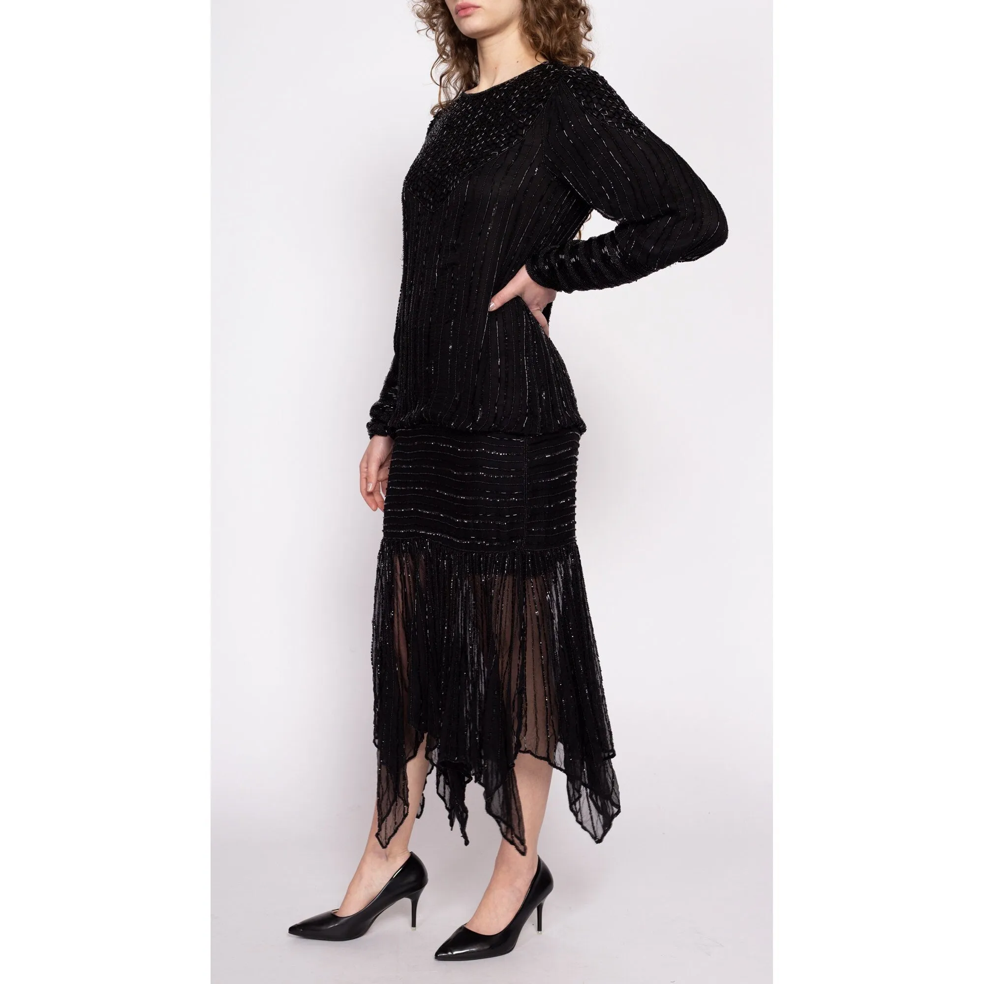 80s Does 20s Black Silk Beaded Flapper Dress, As Is - Small