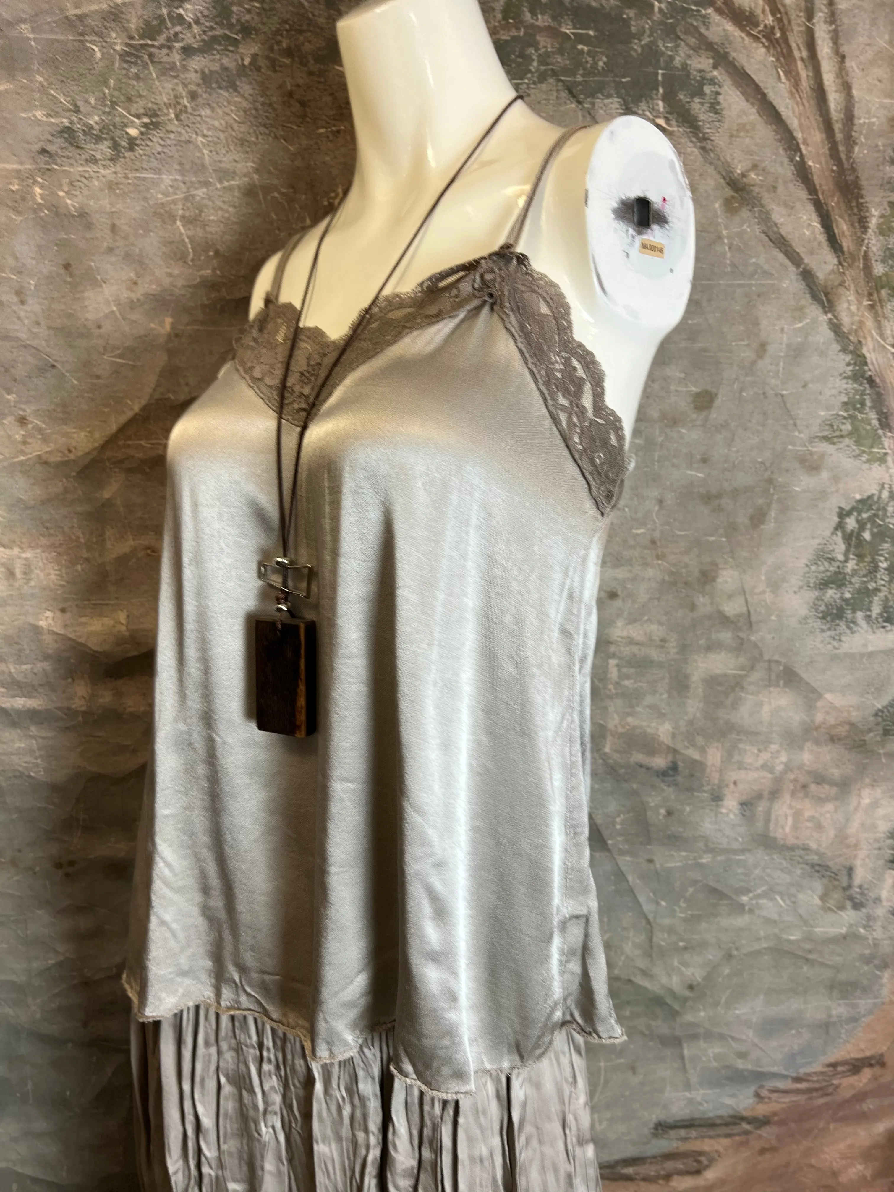 811173CY Satin Luna Tank w/Lace-Taupe