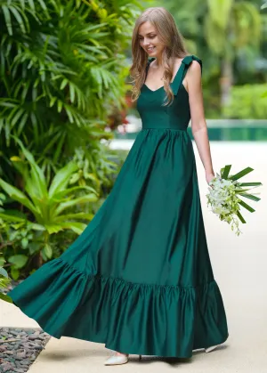 A-Line Princess Dark Green Long Satin Dress Simple Bridesmaid Dress Wedding Guest Dress Maxi Dress