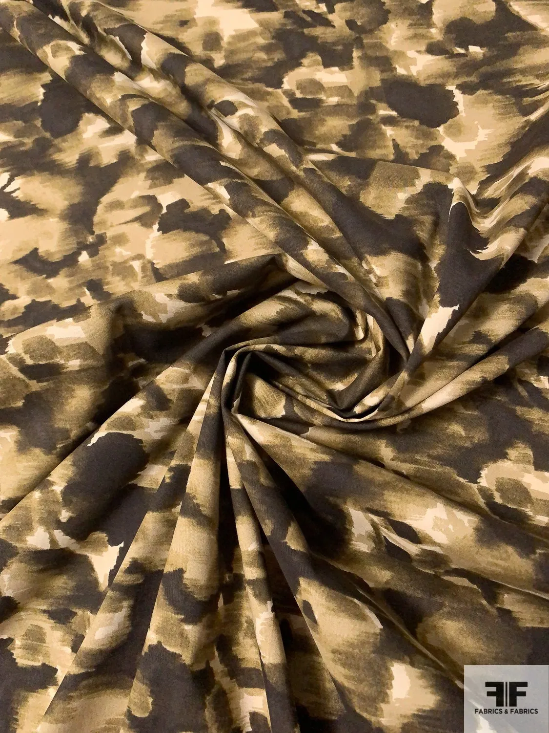 Abstract Border Printed Stretch Cotton Poplin - Olive / Brown / Taupe