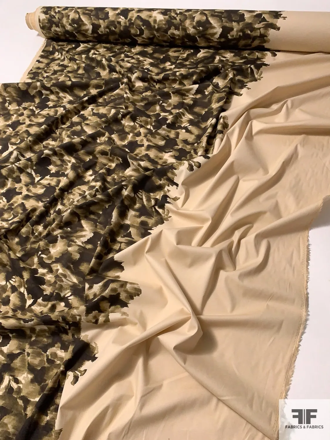 Abstract Border Printed Stretch Cotton Poplin - Olive / Brown / Taupe