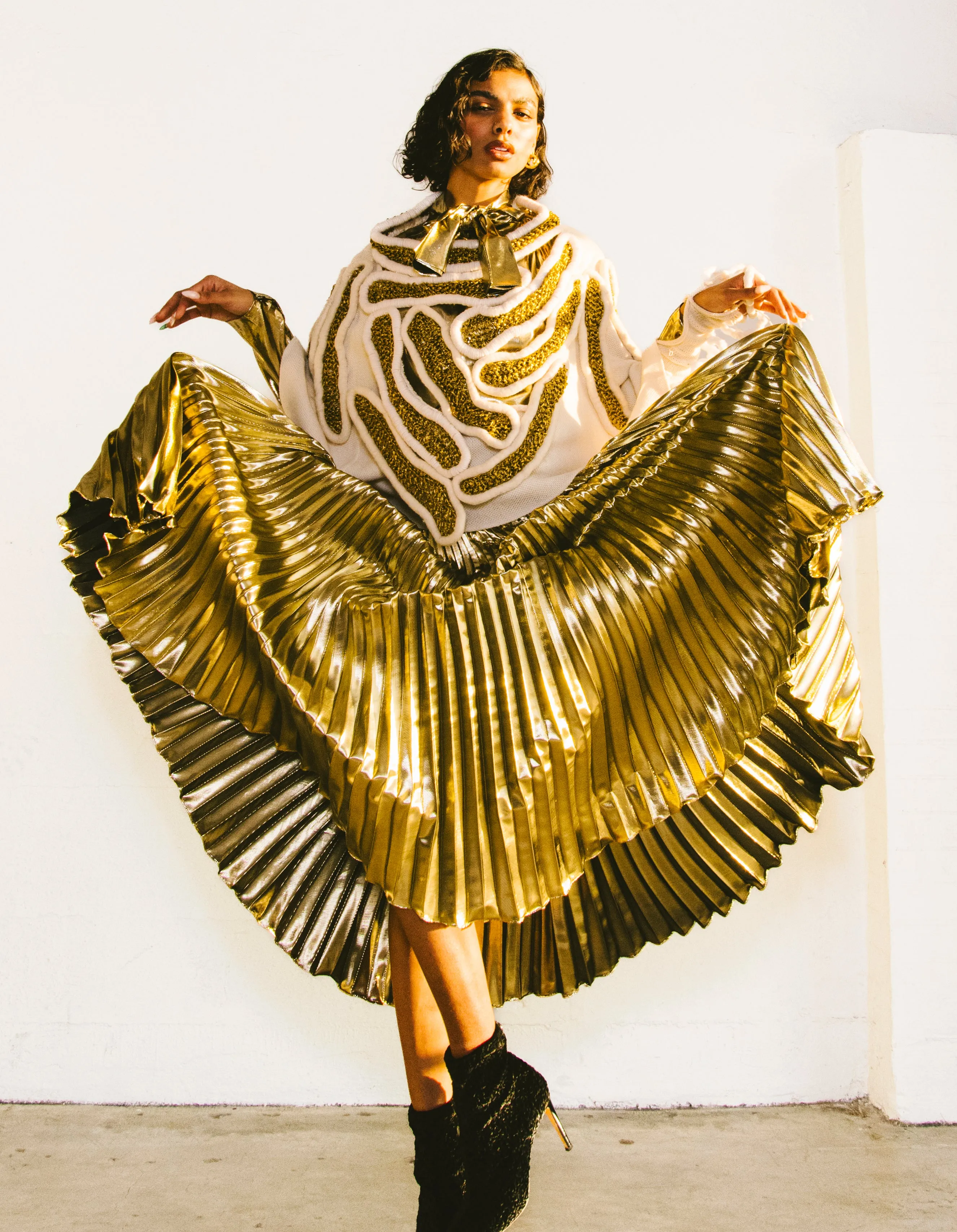 Accordion Pleated Gold Lame Skirt