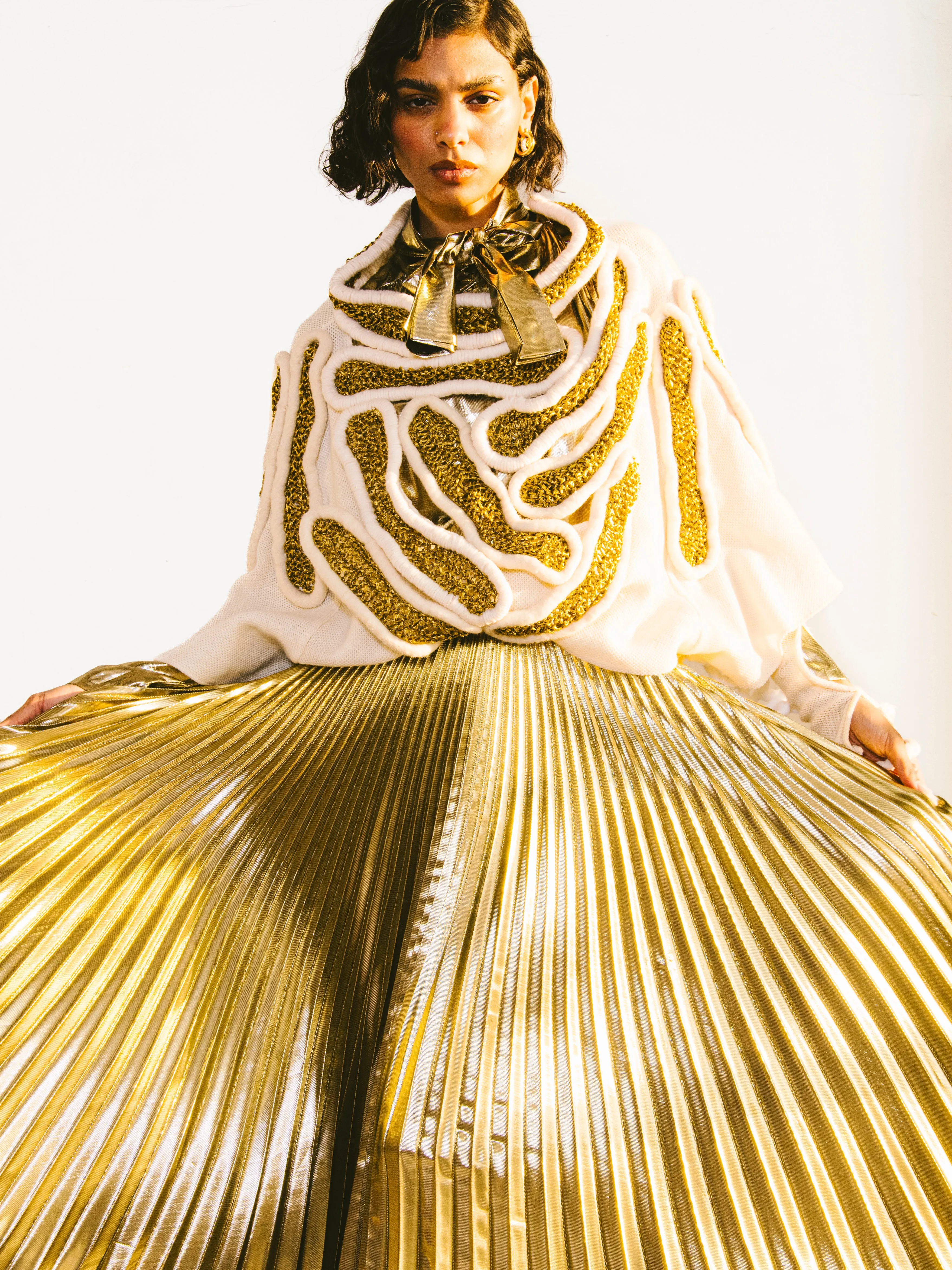Accordion Pleated Gold Lame Skirt