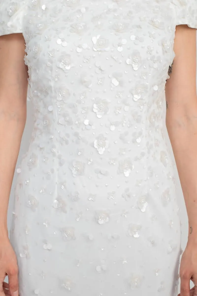 Adrianna Papell Off-Shoulder Zipper Back Sequined Beaded Column Mesh Dress