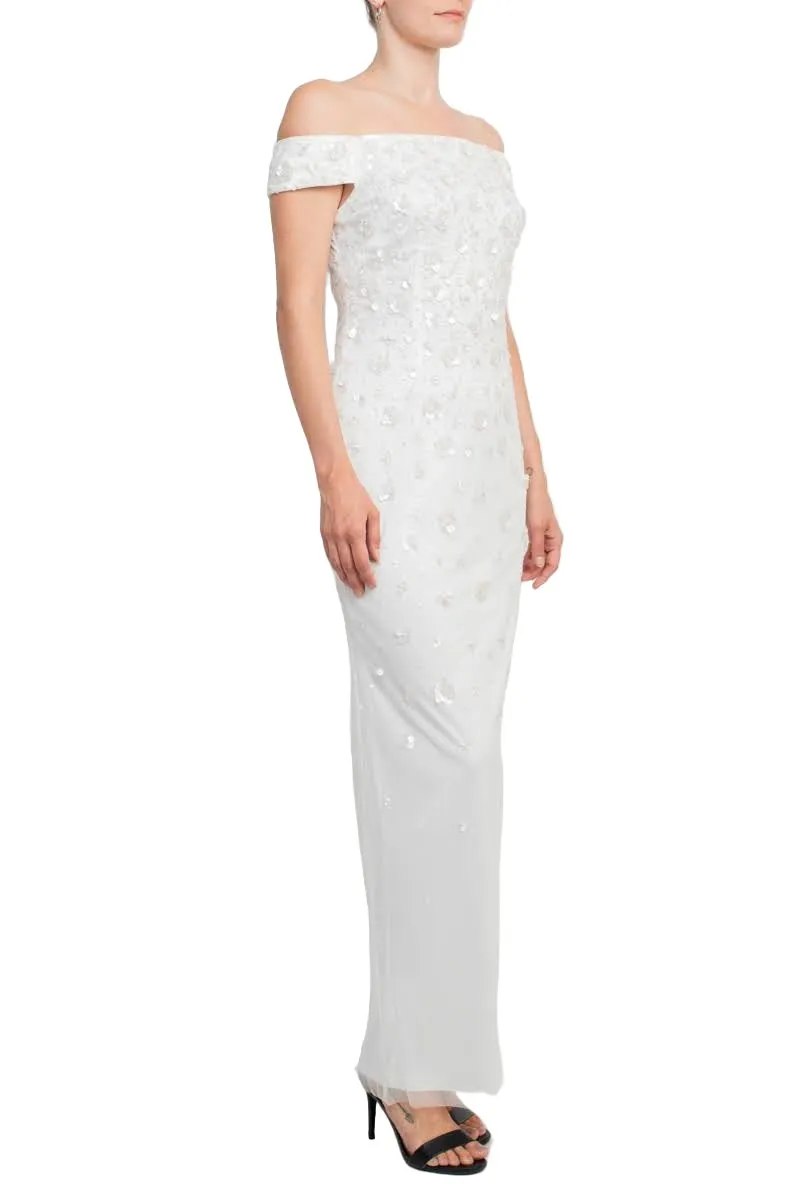 Adrianna Papell Off-Shoulder Zipper Back Sequined Beaded Column Mesh Dress