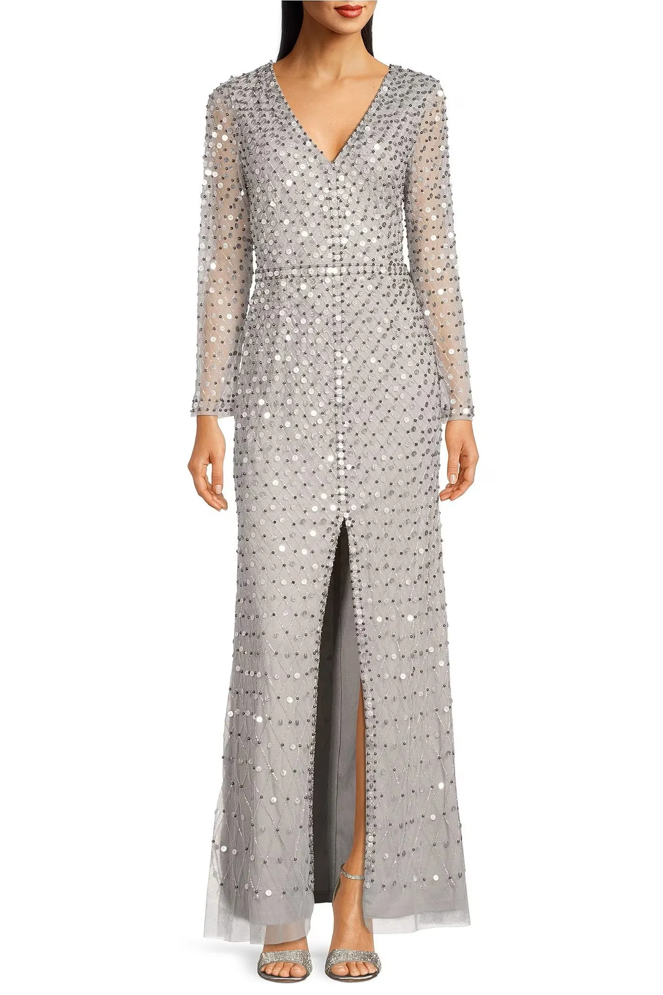 Aidan Mattox Sequined V-neck long sleeve slit front zipper back mesh gown