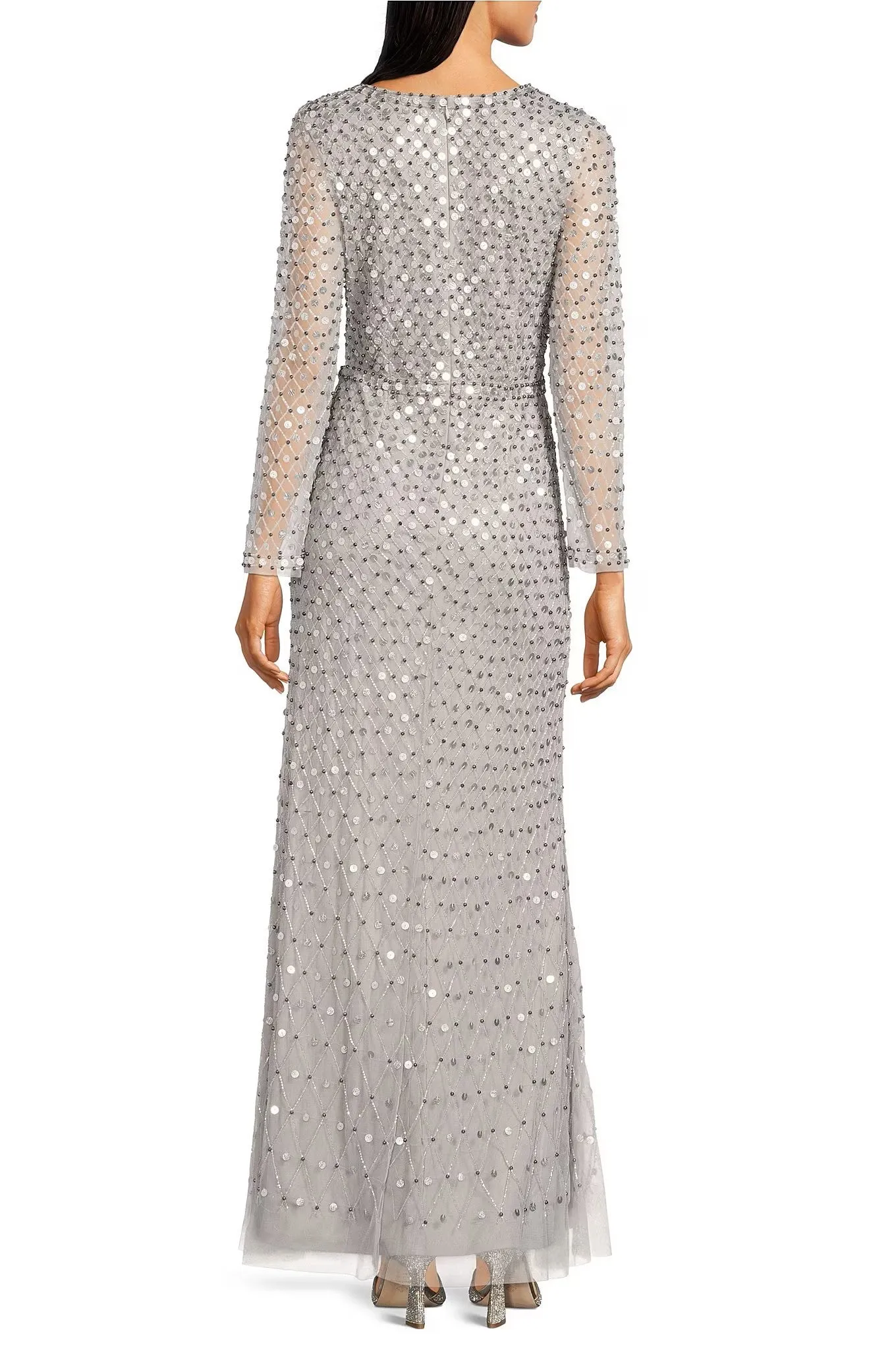 Aidan Mattox Sequined V-neck long sleeve slit front zipper back mesh gown