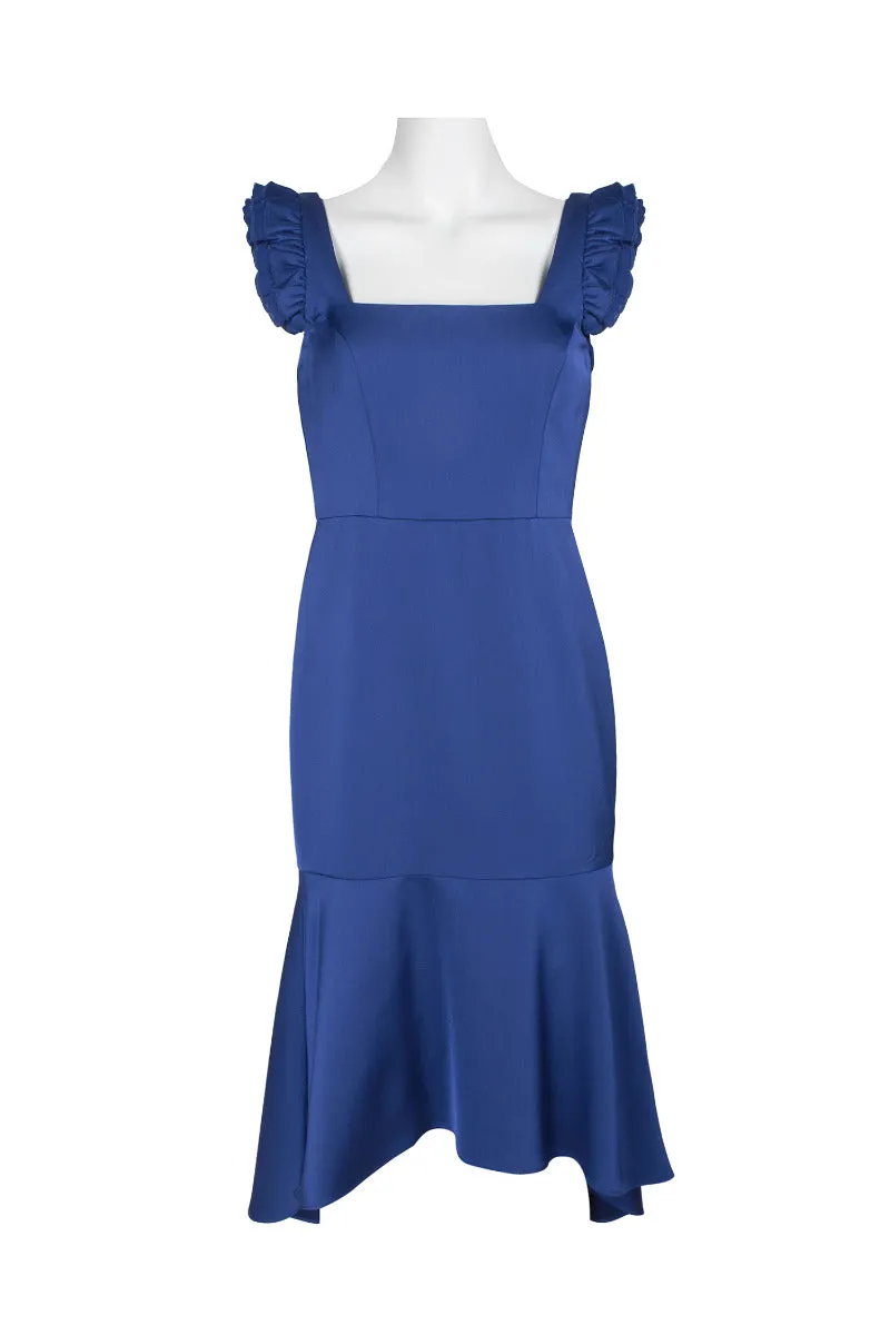 Aidan Mattox Square Neck Ruffled Shoulder Sleeveless High Low Hem Zipper Back Crepe Dress