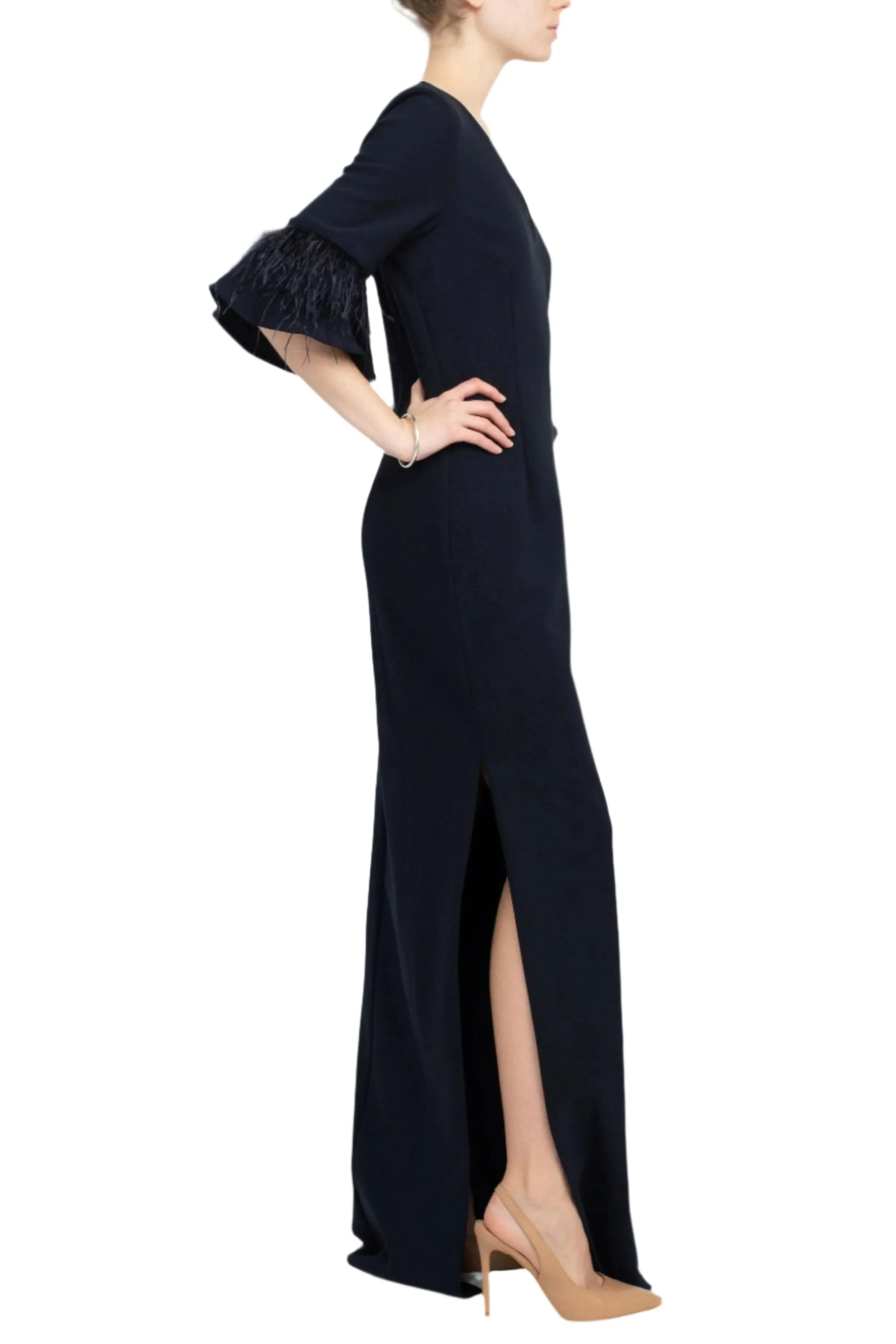 Aidan Mattox V- Neck 3/4 Feathered Bell Sleeves Back Zipper High Thigh Slit Maxi Dress