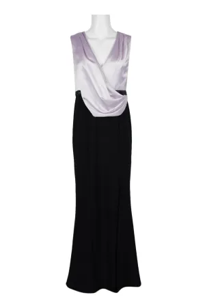 Aidan Mattox V-Neck Pleated Shoulders Draped Zipper Back Satin Crepe Gown