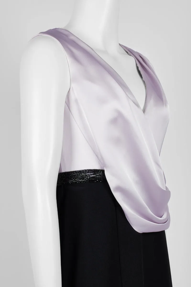 Aidan Mattox V-Neck Pleated Shoulders Draped Zipper Back Satin Crepe Gown