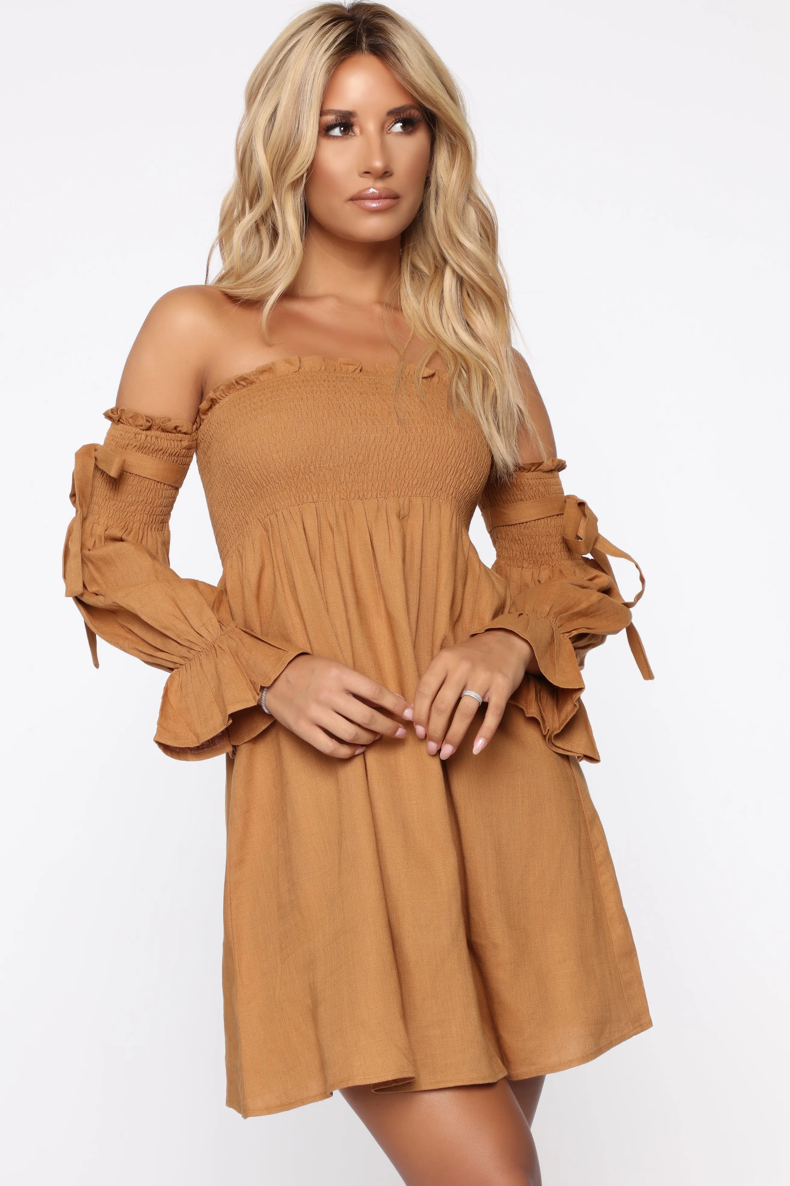 All About You Off Shoulder Mini Dress - Taupe