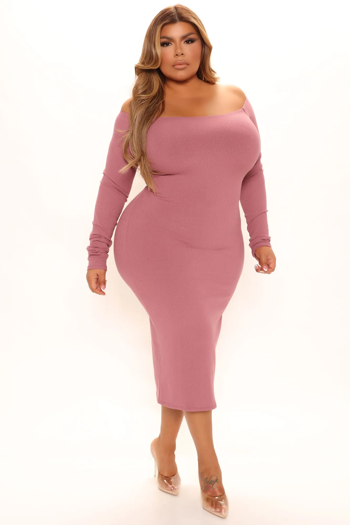 Alpha Off Shoulder Snatched Dress - Mauve