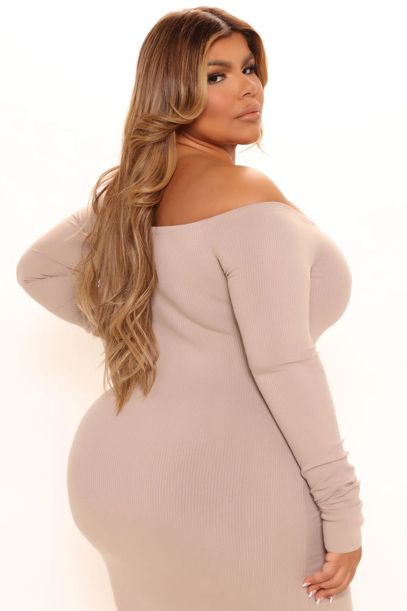 Alpha Off Shoulder Snatched Dress - Taupe