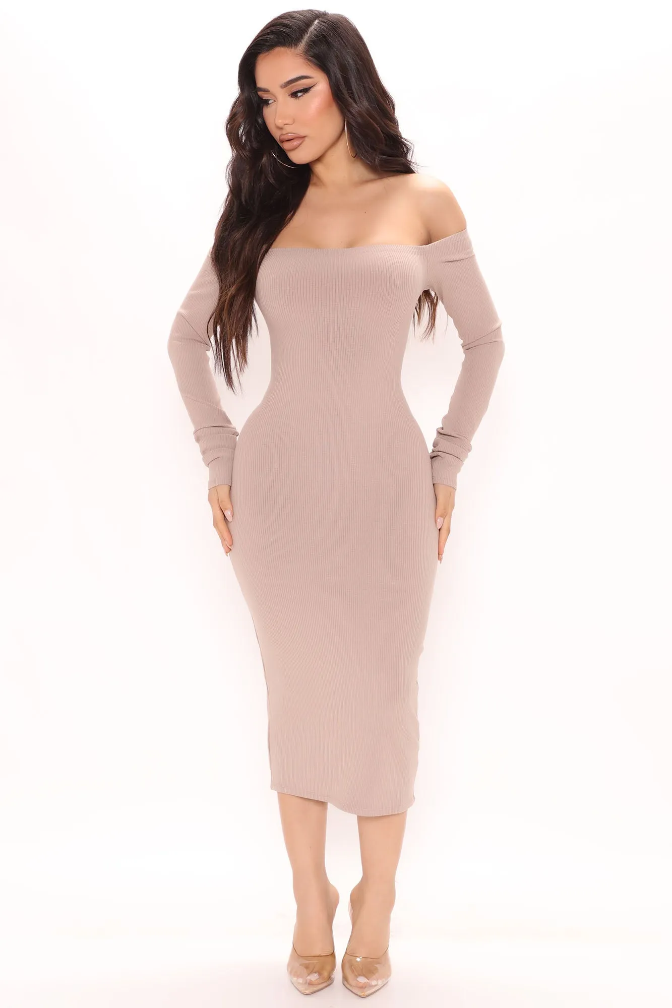Alpha Off Shoulder Snatched Dress - Taupe