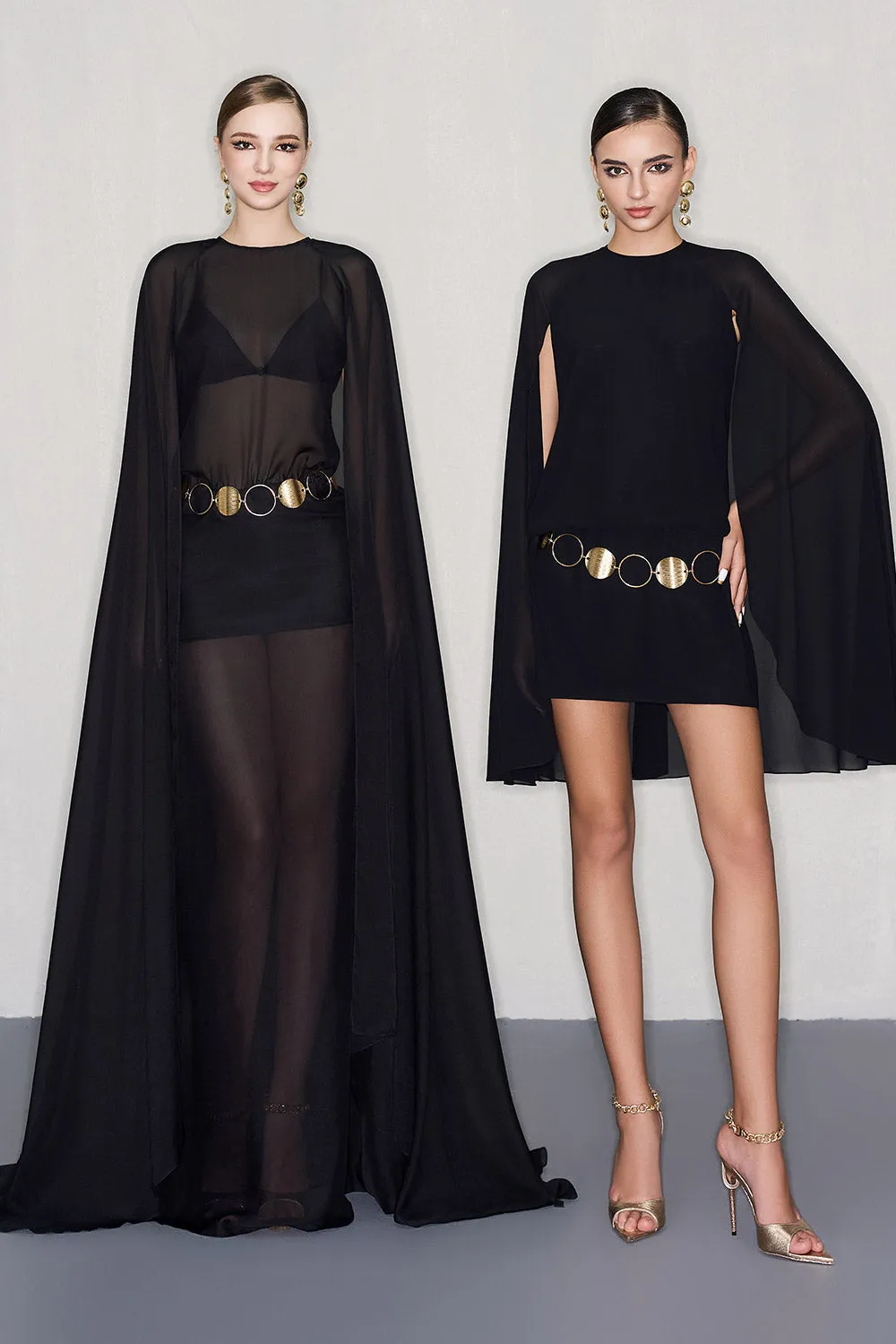 Ambrose Cape See-Through Chiffon Floor Length Dress