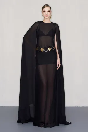 Ambrose Cape See-Through Chiffon Floor Length Dress