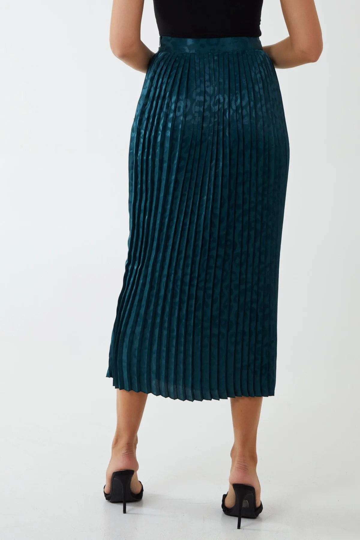 Animal Satin Jacquard Pleated Midi Skirt