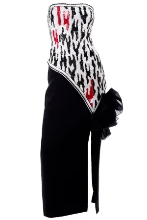 Ann Lawrence Vintage Red Black & White Beaded Sequins Strapless Dress