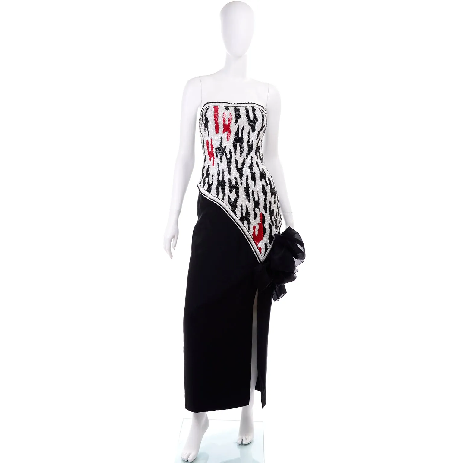 Ann Lawrence Vintage Red Black & White Beaded Sequins Strapless Dress
