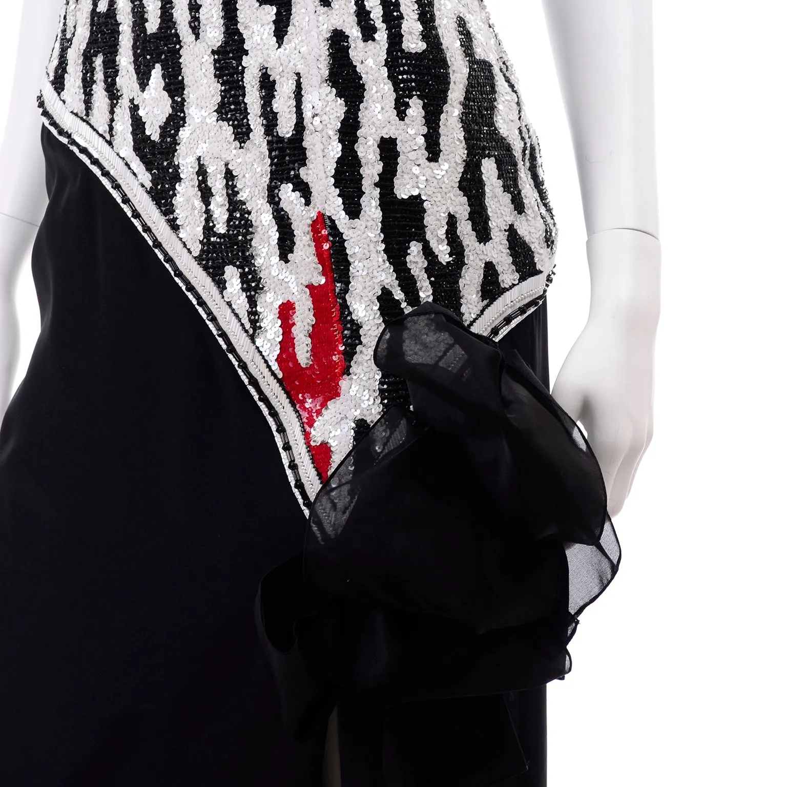 Ann Lawrence Vintage Red Black & White Beaded Sequins Strapless Dress