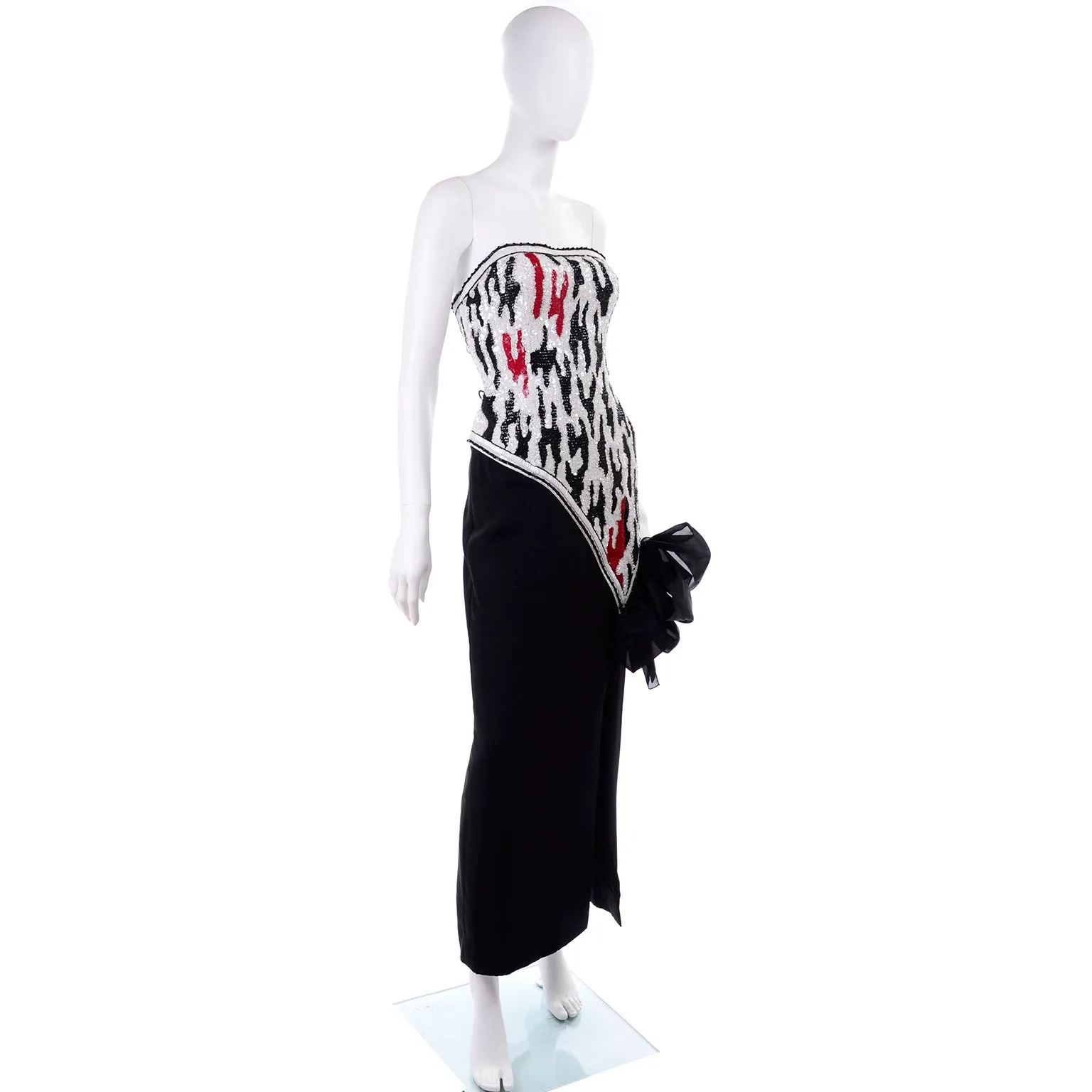 Ann Lawrence Vintage Red Black & White Beaded Sequins Strapless Dress