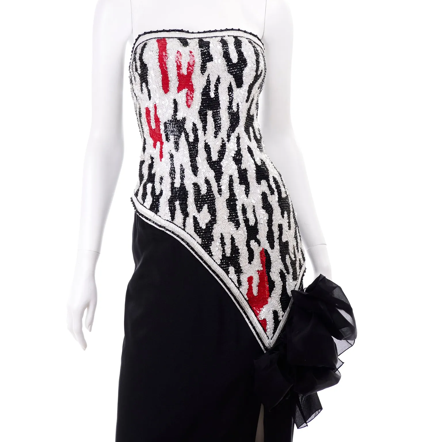 Ann Lawrence Vintage Red Black & White Beaded Sequins Strapless Dress