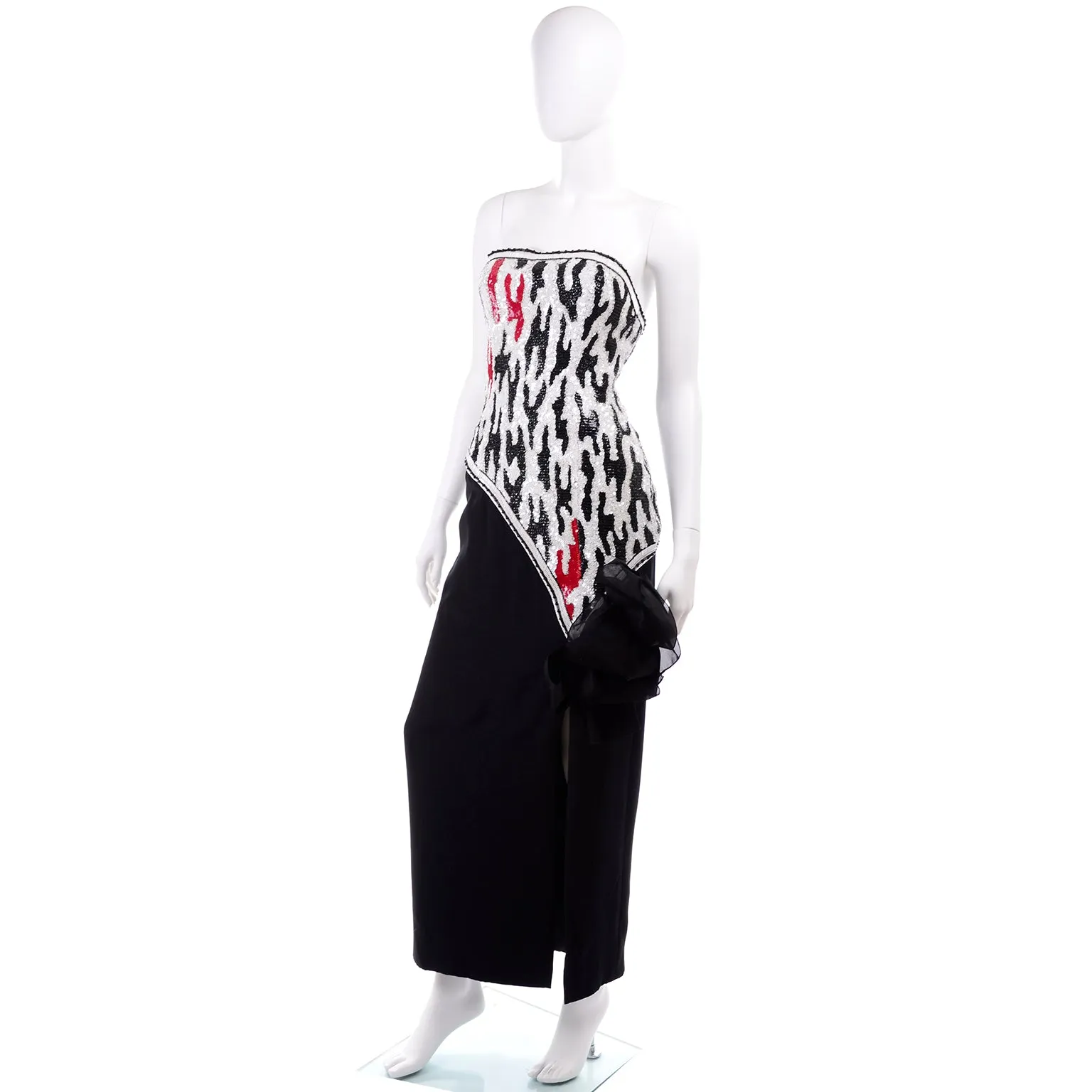 Ann Lawrence Vintage Red Black & White Beaded Sequins Strapless Dress
