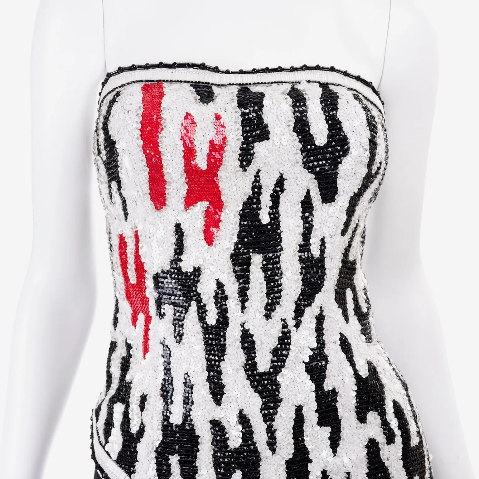 Ann Lawrence Vintage Red Black & White Beaded Sequins Strapless Dress