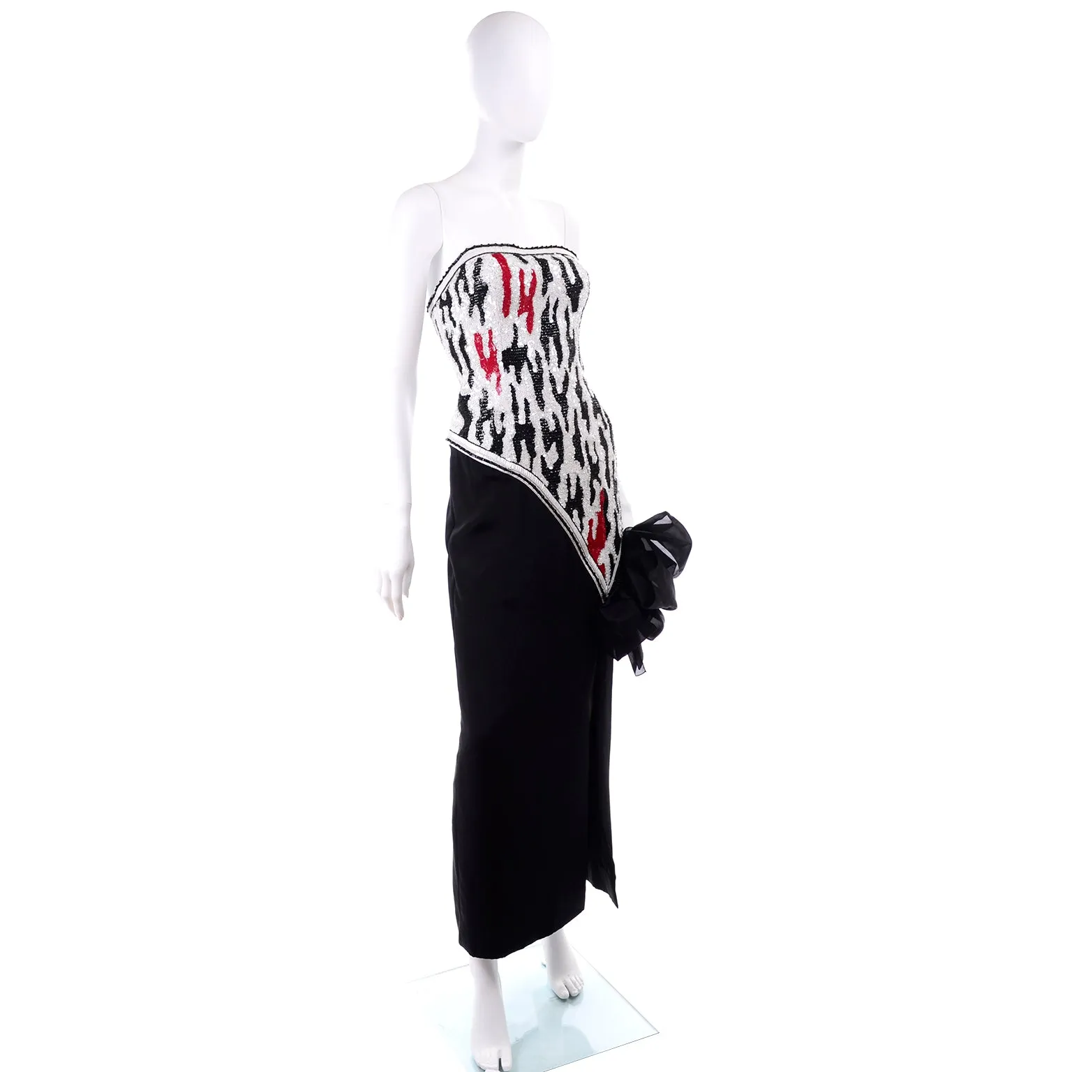 Ann Lawrence Vintage Red Black & White Beaded Sequins Strapless Dress