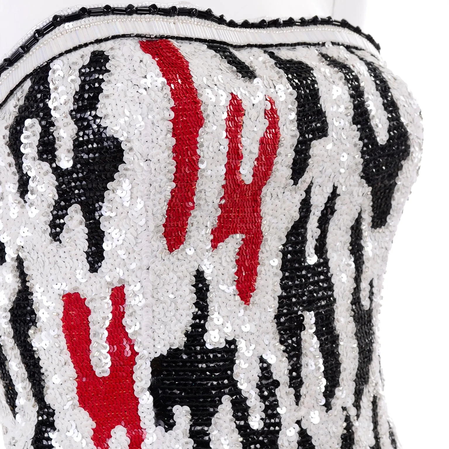 Ann Lawrence Vintage Red Black & White Beaded Sequins Strapless Dress