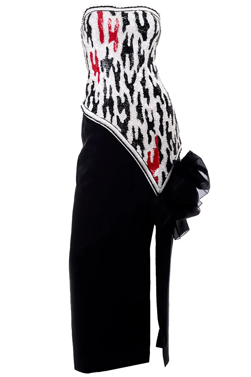 Ann Lawrence Vintage Red Black & White Beaded Sequins Strapless Dress