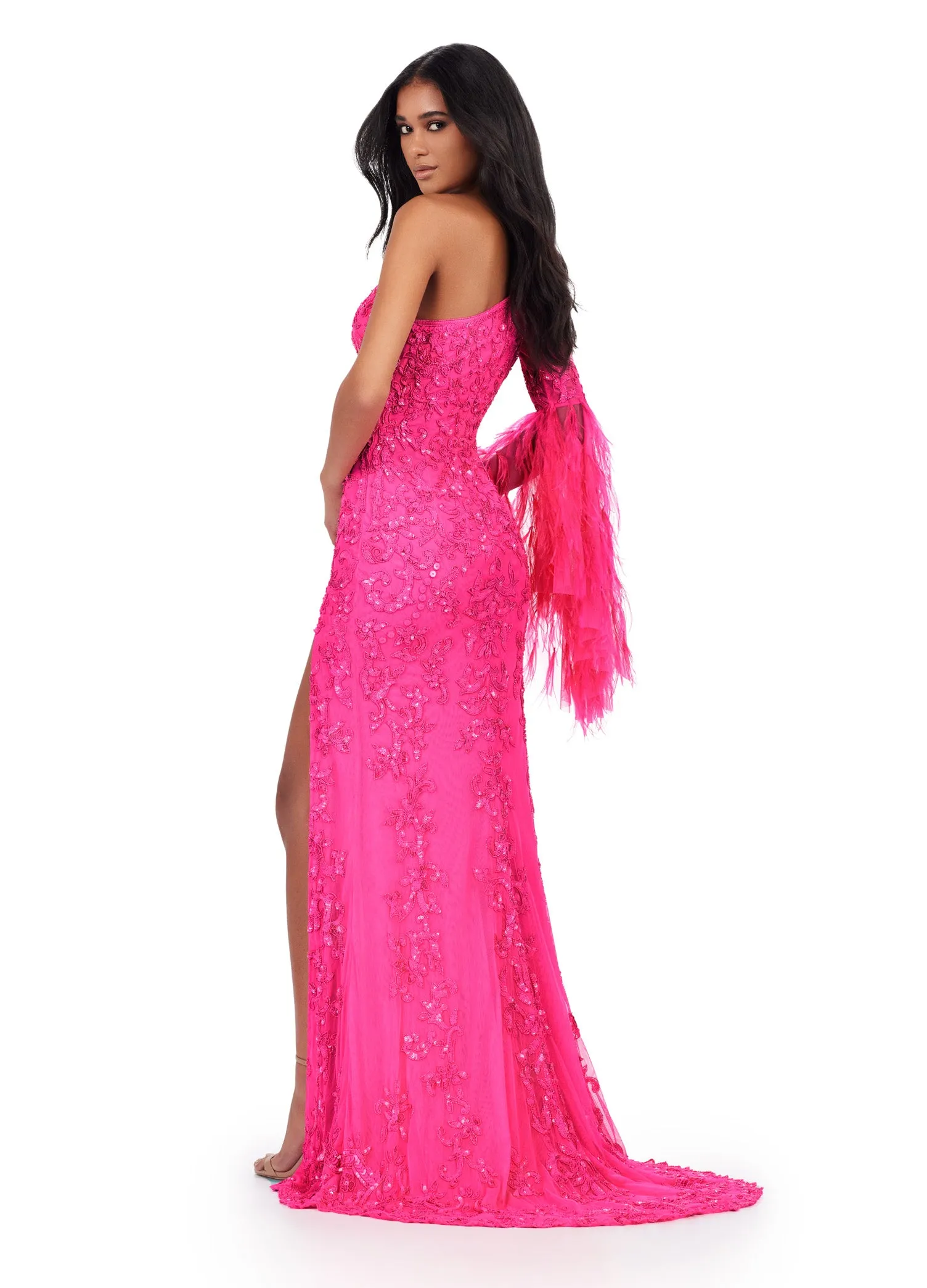 Ashley Lauren 11452 Long Prom Dress One Shoulder Fully Sequin Gown Bell Sleeve Formal Pageant
