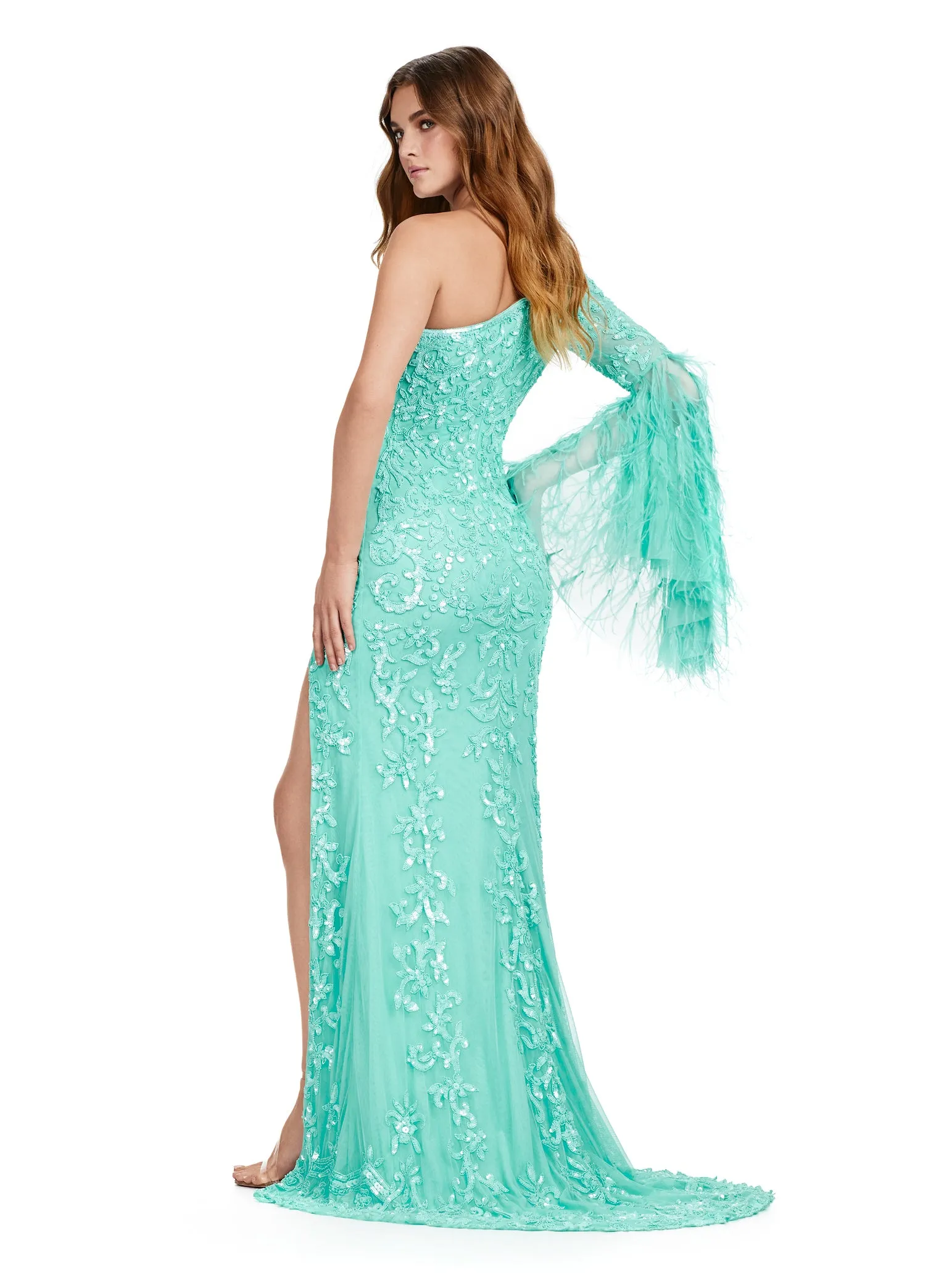 Ashley Lauren 11452 Long Prom Dress One Shoulder Fully Sequin Gown Bell Sleeve Formal Pageant