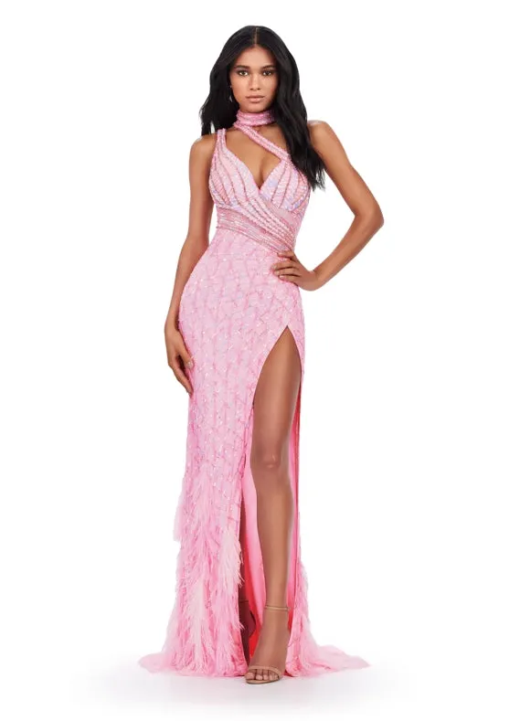 Ashley Lauren 11492 Long Prom Beaded Feather Maxi Slit Pageant Dress One Shoulder Gown Crystal