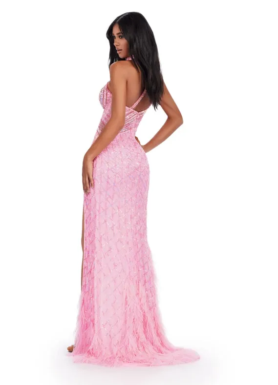 Ashley Lauren 11492 Long Prom Beaded Feather Maxi Slit Pageant Dress One Shoulder Gown Crystal