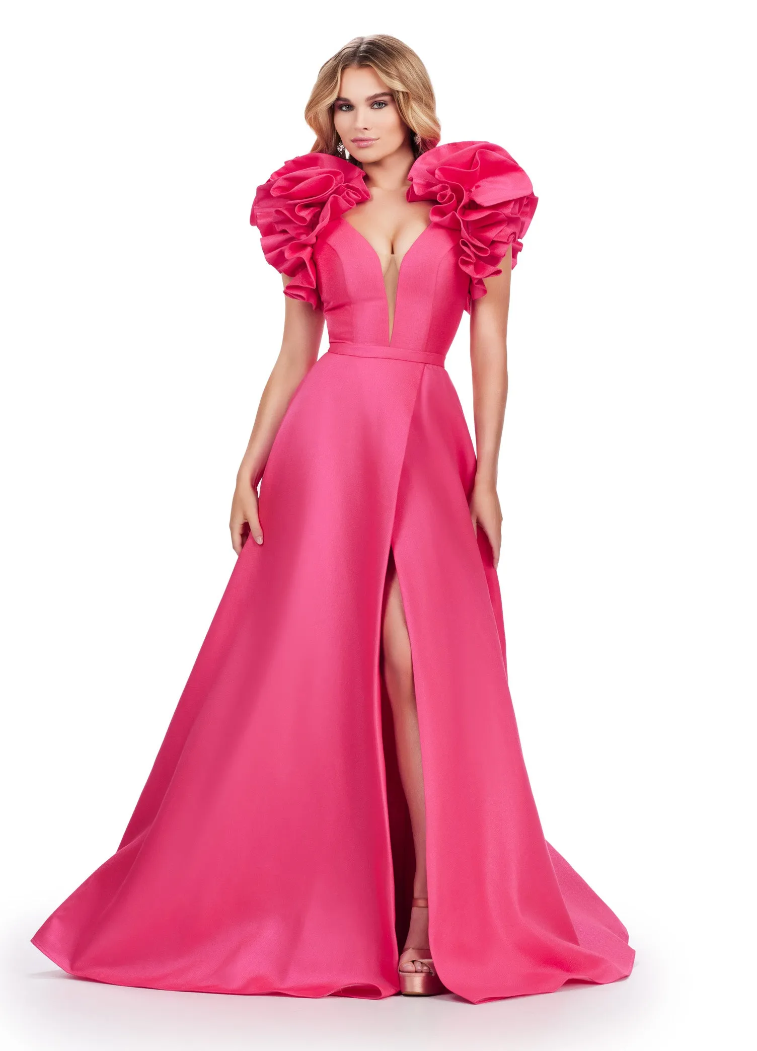 Ashley Lauren 11610 Long Prom Dress V-Neck Mikado Ball Gown Maxi Slit Oversized Ruffles Formal Pageant