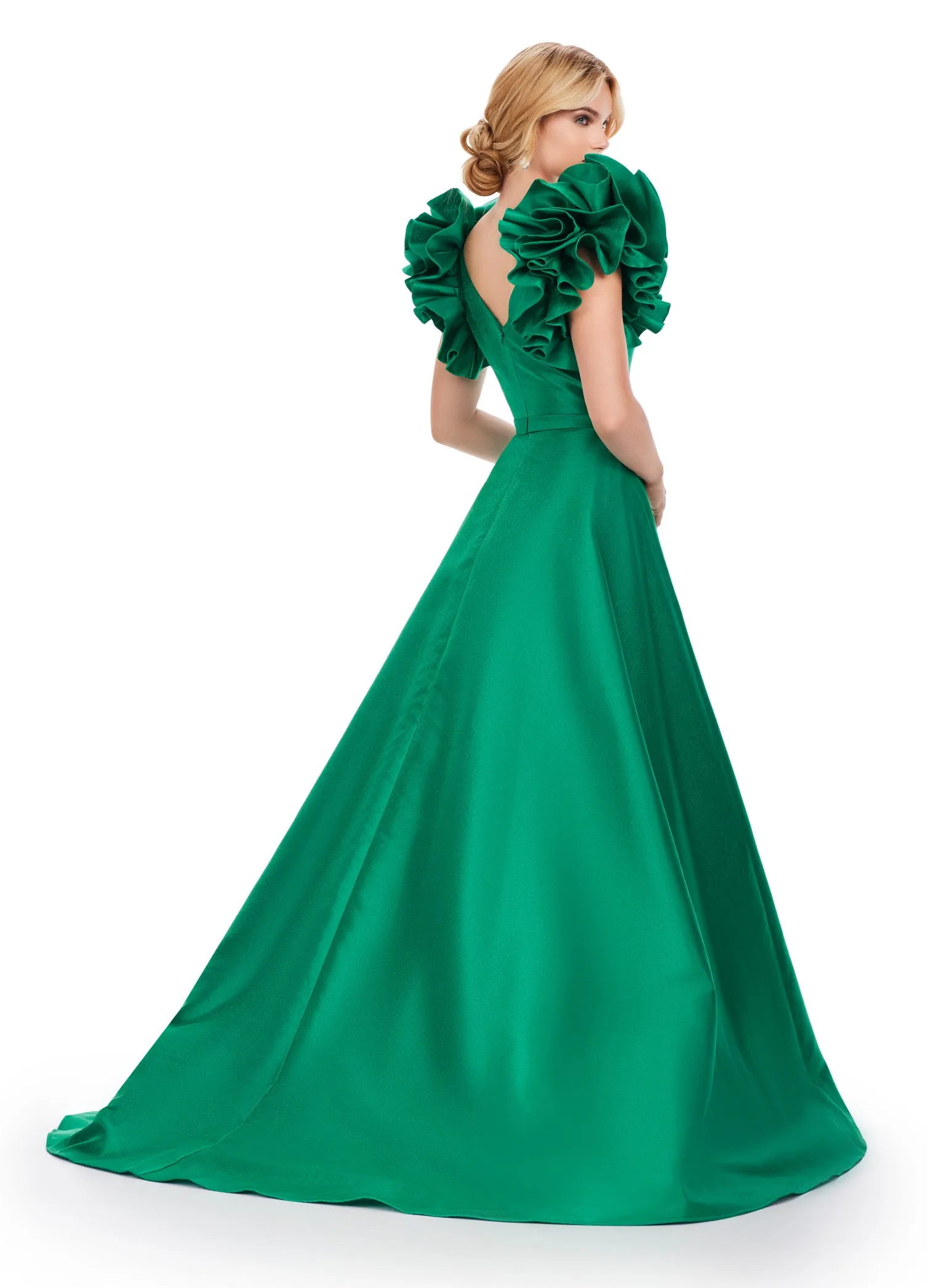 Ashley Lauren 11610 Long Prom Dress V-Neck Mikado Ball Gown Maxi Slit Oversized Ruffles Formal Pageant