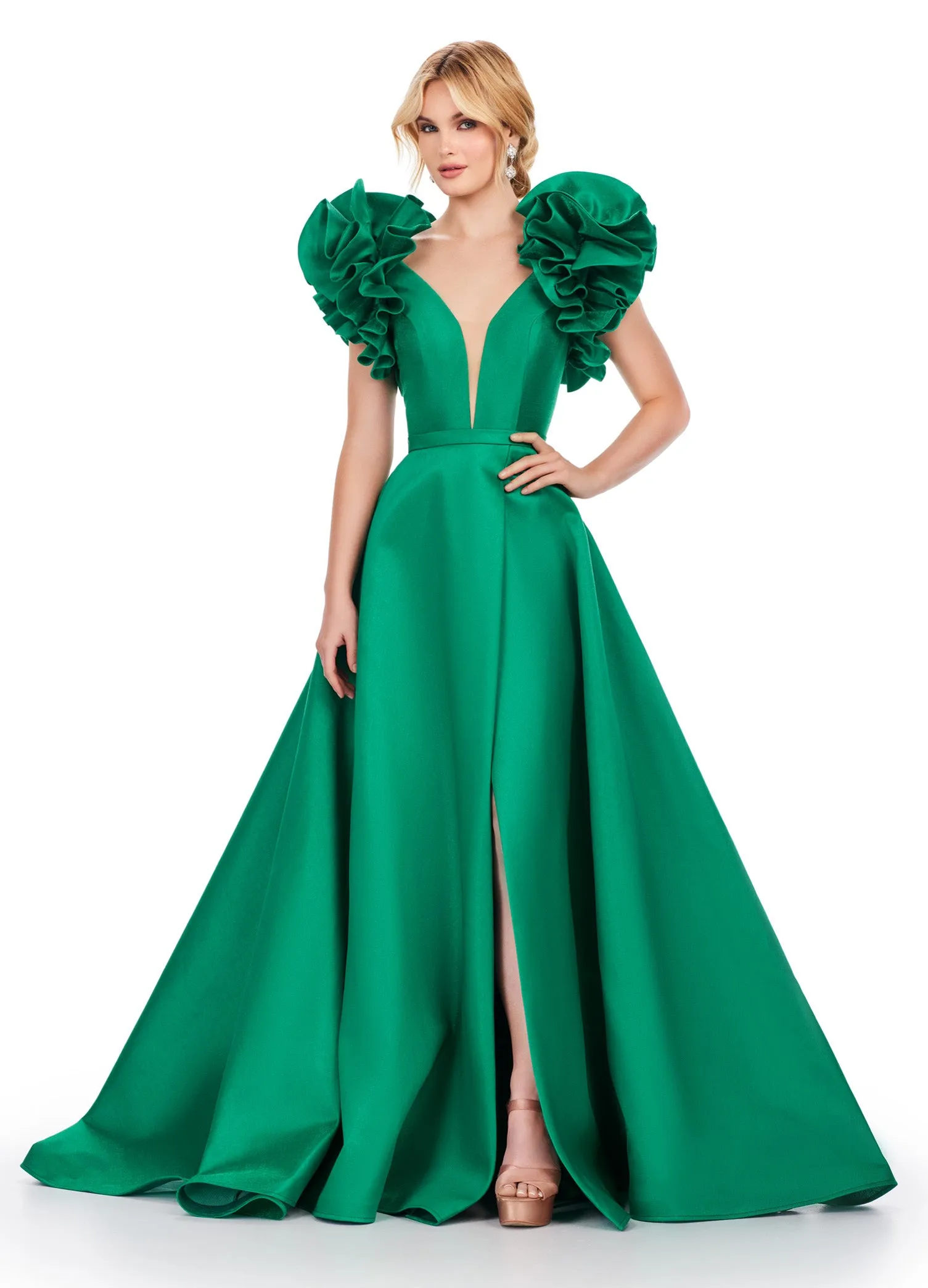 Ashley Lauren 11610 Long Prom Dress V-Neck Mikado Ball Gown Maxi Slit Oversized Ruffles Formal Pageant
