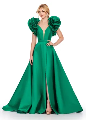 Ashley Lauren 11610 Long Prom Dress V-Neck Mikado Ball Gown Maxi Slit Oversized Ruffles Formal Pageant