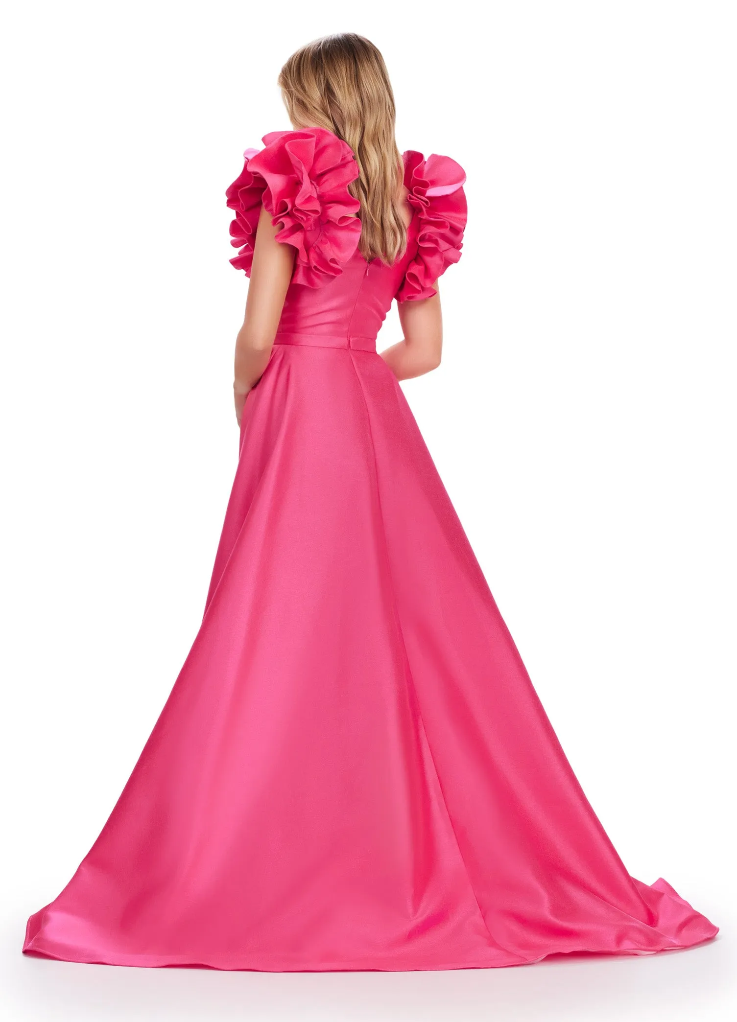 Ashley Lauren 11610 Long Prom Dress V-Neck Mikado Ball Gown Maxi Slit Oversized Ruffles Formal Pageant