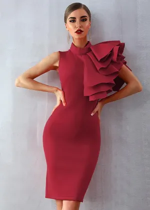 Asymmetrical Ruffle Shoulder Sheath Dress