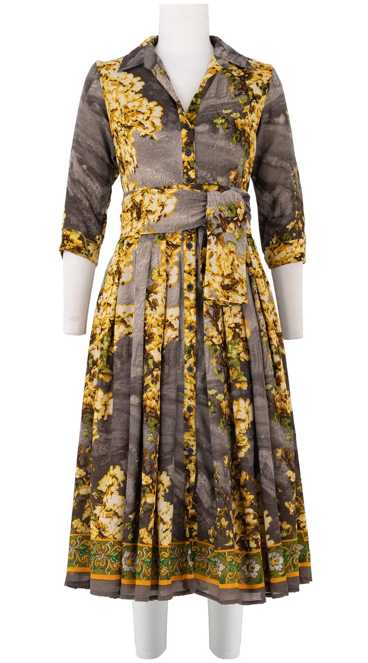 Audrey Dress #4 Shirt Collar 3/4 Sleeve Midi Length Wool Musola (Roman Dawn Border)