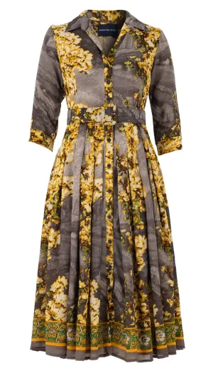Audrey Dress #4 Shirt Collar 3/4 Sleeve Midi Length Wool Musola (Roman Dawn Border)