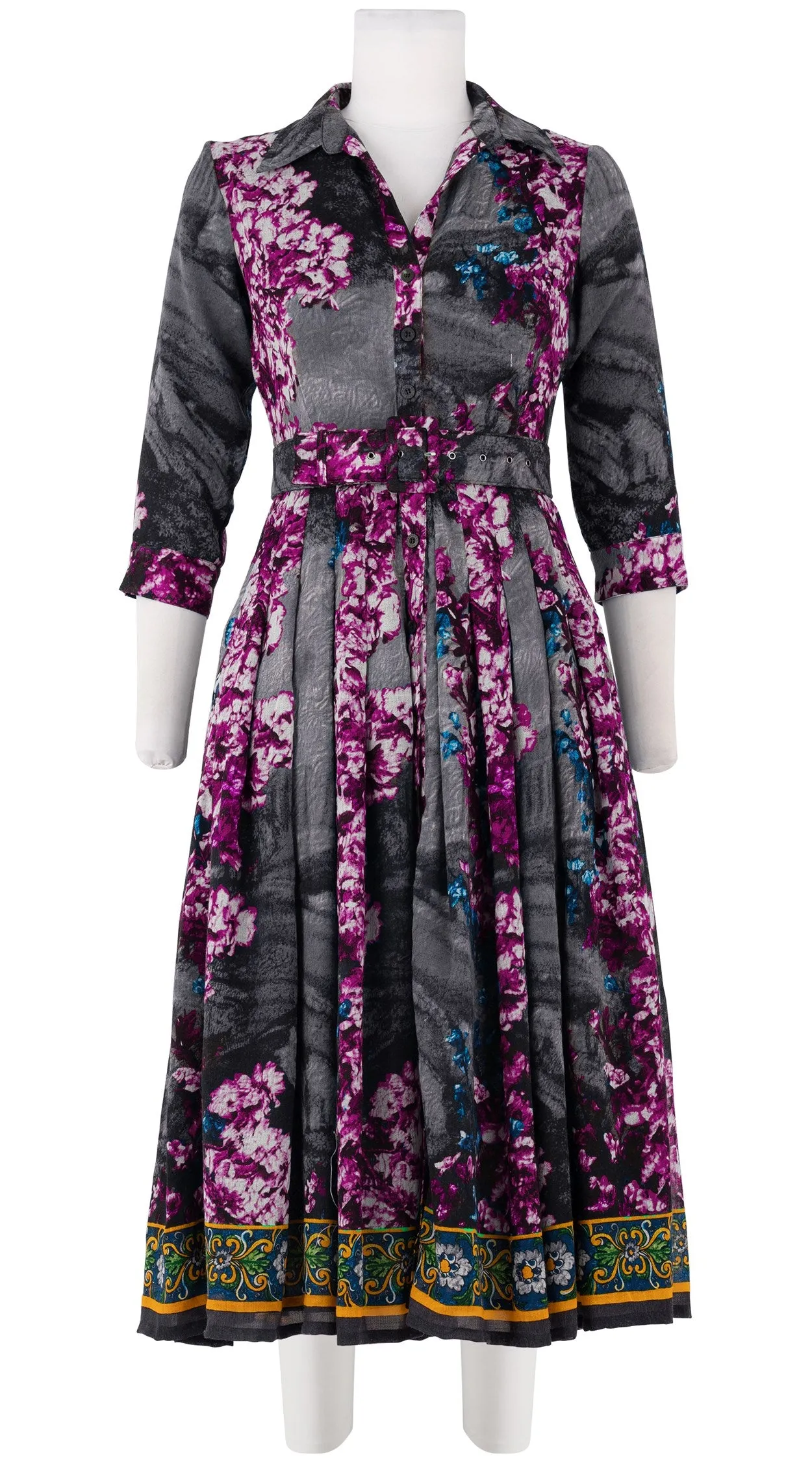 Audrey Dress #4 Shirt Collar 3/4 Sleeve Midi Length Wool Musola (Roman Dawn Border)